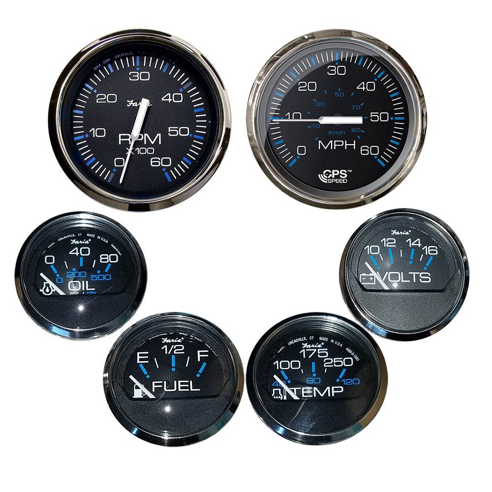 Suncoast Marine and Auto offers Faria Chesapeake Black w/Stainless Steel Bezel Boxed Set of 6 - Speed, Tach, Fuel Level, Voltmeter, Water Temperature Oil PSI - Inboard Motors (KTF064)