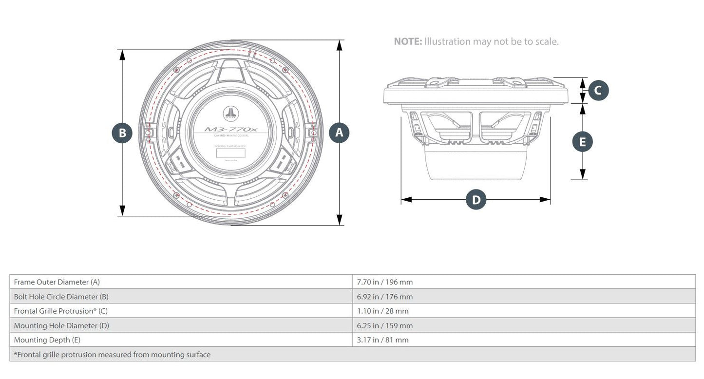 Suncoast offers JL Audio 7.7" Marine Coaxial Speakers, White Sport Grilles with RGB LED Lighting (M3-770X-S-Gw-i) (010-03069-00) dimensions
