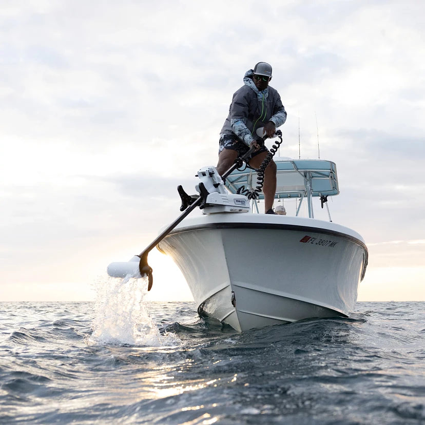 Minn Kota Riptide Terrova Quest 90/115 87-inch white saltwater trolling motor on boat bow