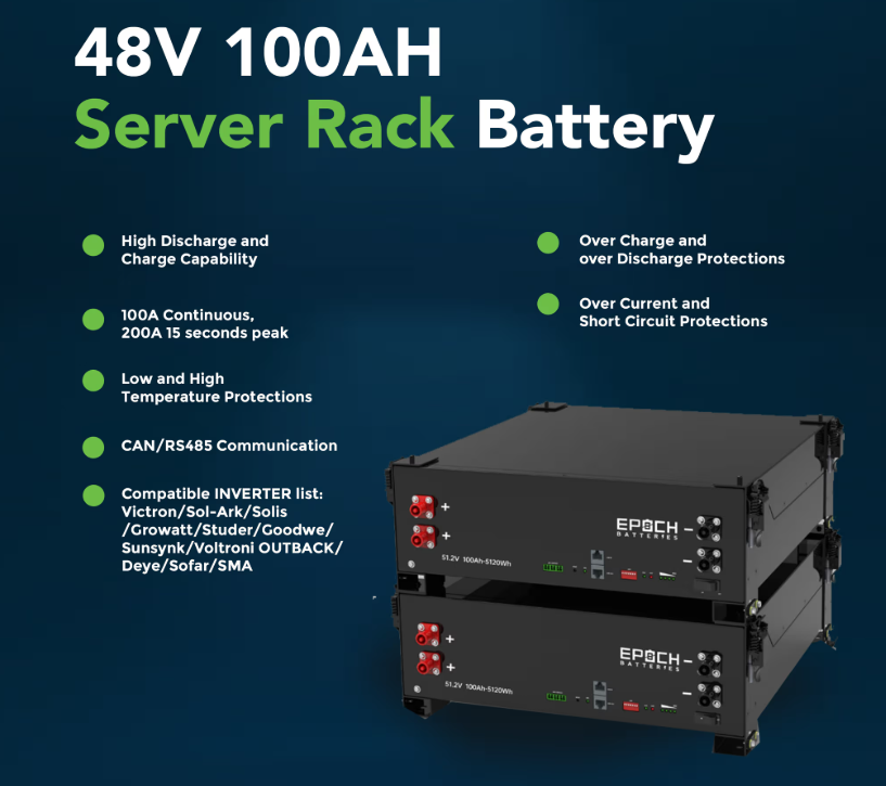 Suncoast Marine and Auto offers Epoch Battery 48V 100Ah 5.12kWh - Self-Heating Server Rack Lithium Battery (SR48100H)