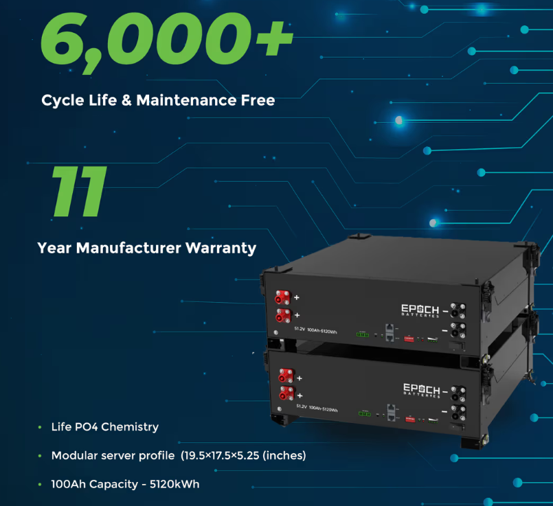 Suncoast Marine and Auto offers Epoch Battery 48V 100Ah 5.12kWh - Self-Heating Server Rack Lithium Battery (SR48100H)