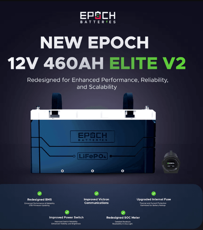 Suncoast Marine and Auto offers Epoch Battery 12V 460Ah V2 Elite Series - Heated, Bluetooth & Victron Comms LiFePO4 (C12460A)