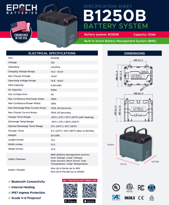 Suncoast Marine and Auto offers Epoch Battery 12V 50Ah LiFePO4 Lithium Battery - Bluetooth, Heating, Waterproof (B1250B)