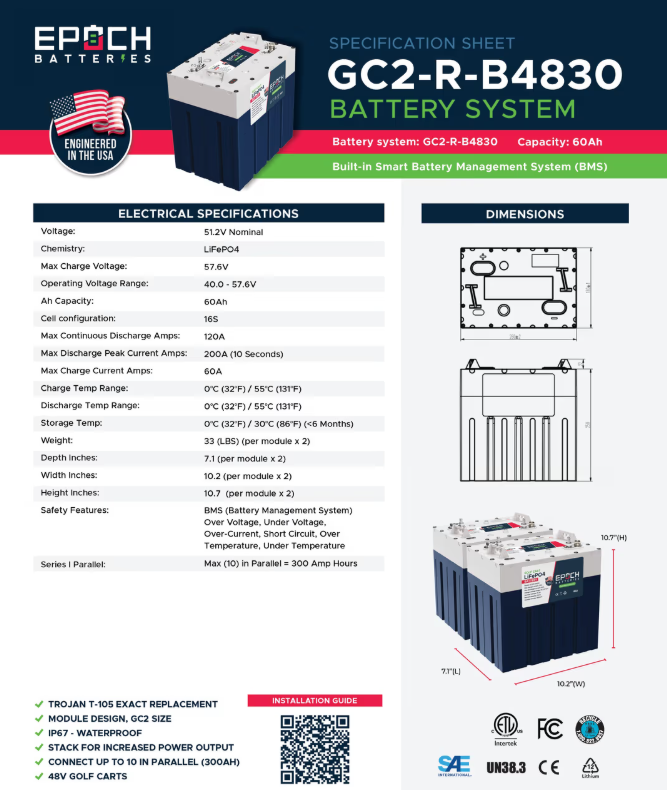 Suncoast Marine and Auto offers Epoch Batteries 48V 60Ah GC2 - Golf Cart LiFePO4 Lithium Battery (48V-60Ah-GC2-Kit)