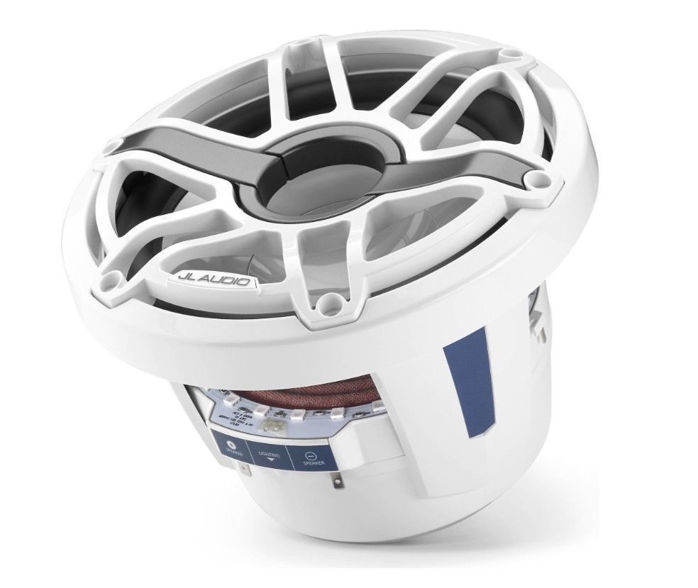 JL Audio M6-8IB-S-GwGw-i-4 M6 Series 8" marine subwoofer with LED light — optimized for free-air applications (Gloss White Sport Grille). MFR # 010-03081-00.