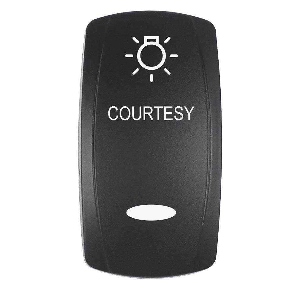 Pacer Actuator - 'COURTESY' f/V Series Contura Switches - Black - Laser Etched (Top/Bottom Light) [EV2LE-CTSY] - Suncoast Marine & Auto Supply 