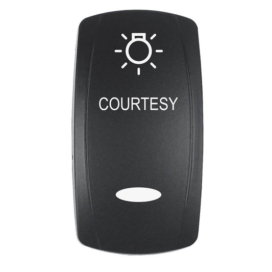 Pacer Actuator - 'COURTESY' f/V Series Contura Switches - Black - Laser Etched (Top/Bottom Light) [EV2LE-CTSY] - Suncoast Marine & Auto Supply 