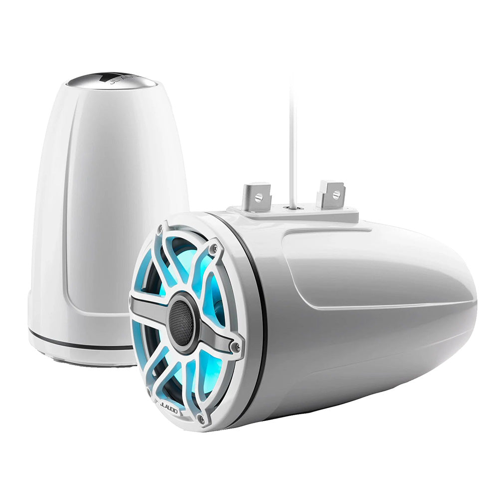 Suncoast Marine and Auto offers JL Audio M6 Series 7.7" Enclosed Tower Coaxial System w/Gloss White Classic Grille Transflective LED Lighting - M6-770ETXv3-Gw-S-GwGw-i [010-03278-00] 7.7" Enclosed Marine Coaxial Speaker System, Gloss White, White Sport Grille with RGB LED Lighting. Model # 19432715