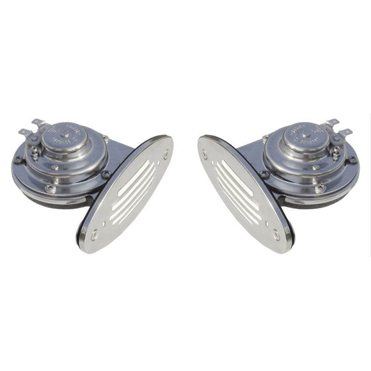 Suncoast Marine and Auto offers Schmitt Marine Mini Stainless Steel Dual Drop-In Horn w/Stainless Steel Grills High Low Pitch [10055]