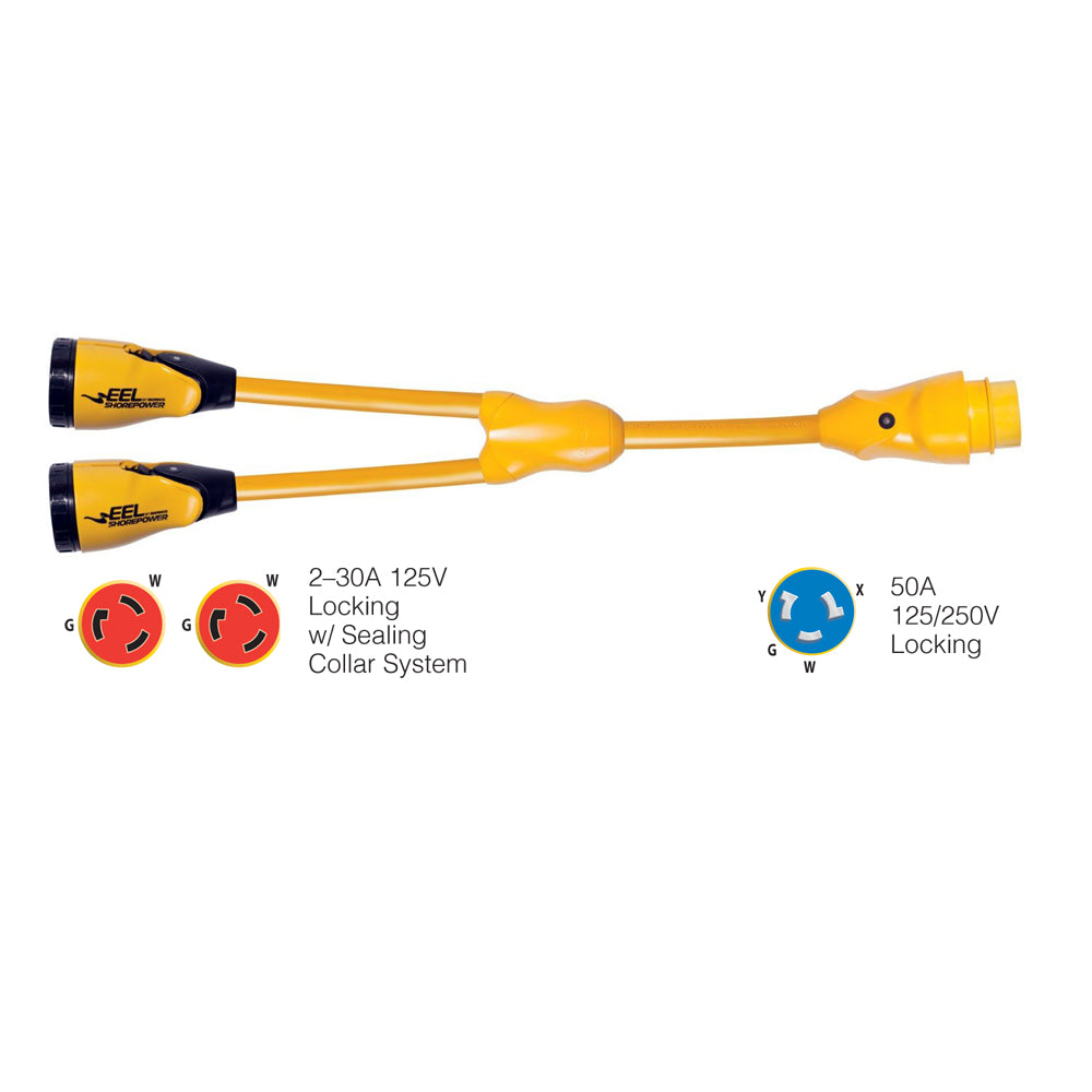 Suncoast Marine and Auto offers Marinco Y504-2-30 EEL (2)-30A-125V Female to (1)50A-125/250V Male "Y" Adapter - Yellow [Y504-2-30]