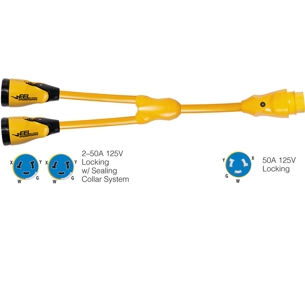Suncoast Marine and Auto offers Marinco Y504-2-504 EEL (2)50A-125/250V Female to (1)50A-125/250V Male "Y" Adapter - Yellow [Y504-2-504]