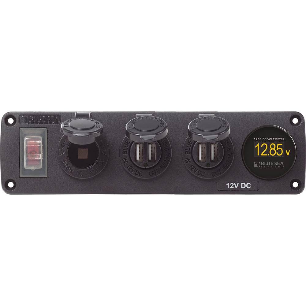 Blue Sea 4368 Water Resistant USB Accessory Panel - 12V Socket, 2x 2.1A Dual USB Chargers, Mini Voltmeter [4368] - Suncoast Marine & Auto Supply 