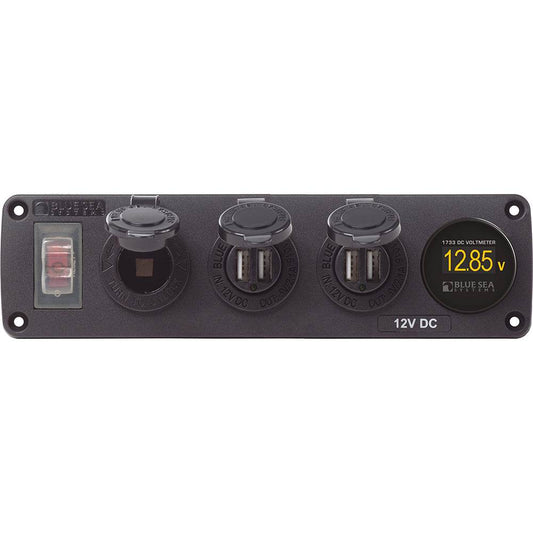 Blue Sea 4368 Water Resistant USB Accessory Panel - 12V Socket, 2x 2.1A Dual USB Chargers, Mini Voltmeter [4368] - Suncoast Marine & Auto Supply 