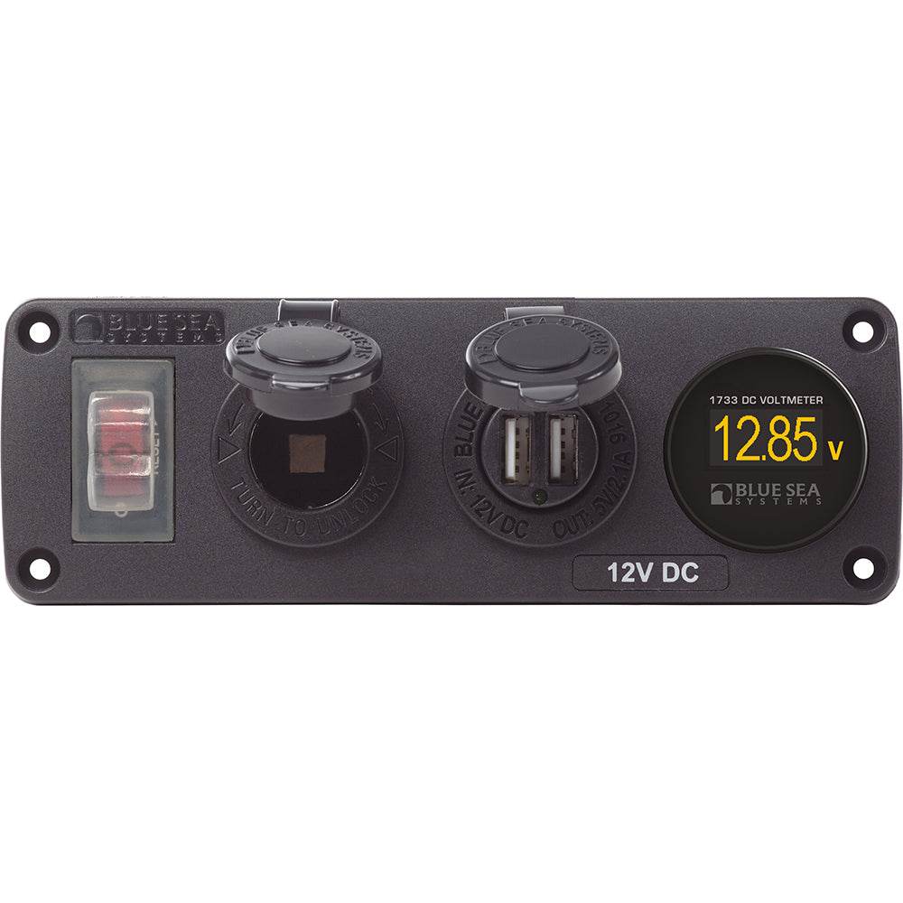 Suncoast Marine and Auto offers Blue Sea 4366 Water Resistant USB Accessory Panel - Circuit Breaker, 12V Socket, Dual USB Charger, Mini Voltmeter [4366]
