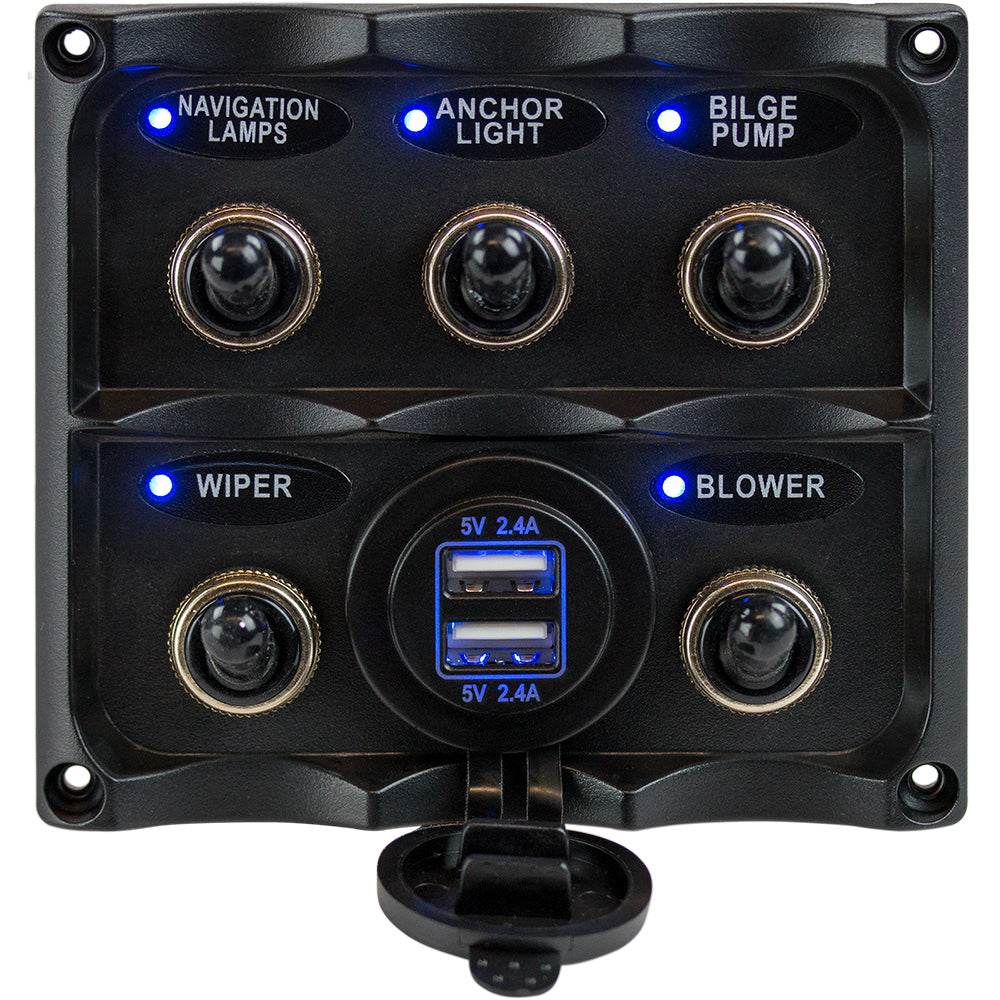 Sea-Dog Water Resistant Toggle Switch Panel w/USB Power Socket - 5 Toggle [424617-1] - Suncoast Marine & Auto Supply 