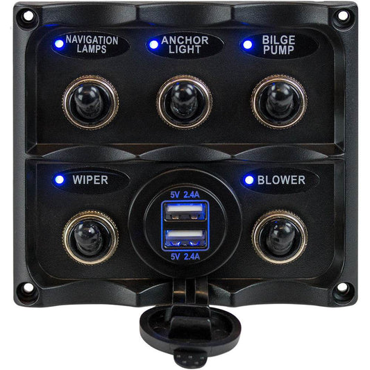 Sea-Dog Water Resistant Toggle Switch Panel w/USB Power Socket - 5 Toggle [424617-1] - Suncoast Marine & Auto Supply 