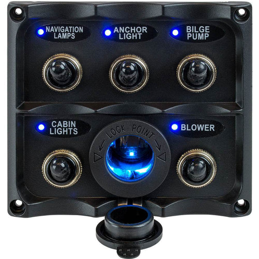 Sea-Dog Water Resistant Toggle Switch Panel w/LED Power Socket - 5 Toggle [424627-1] - Suncoast Marine & Auto Supply 