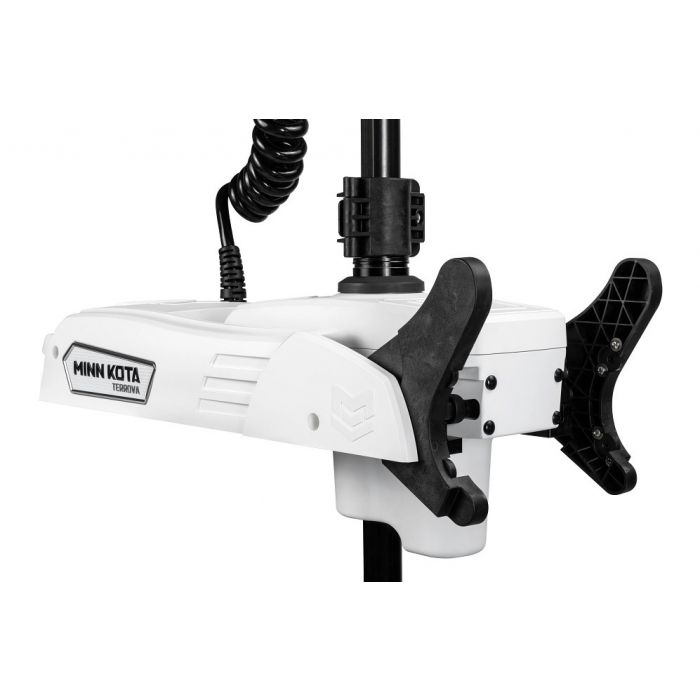 Minn Kota Riptide Terrova Quest 90/115 87-inch white saltwater trolling motor on boat bow