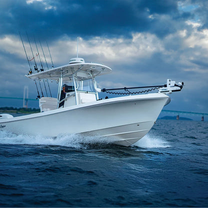 Minn Kota Riptide Terrova Quest 90/115 87-inch white saltwater trolling motor on boat bow