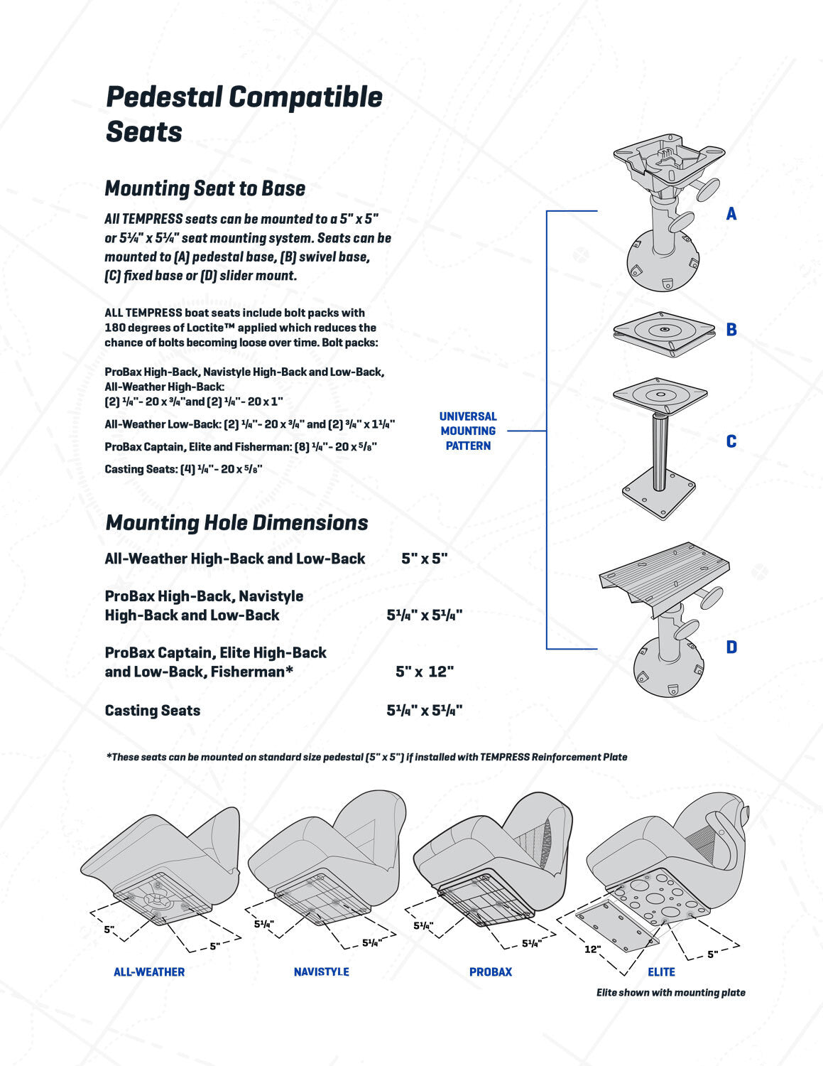 TEMPRESS Pedestal Compatible Seats Chart for All-weather, NaviStyle, ProBax, and Elite Series