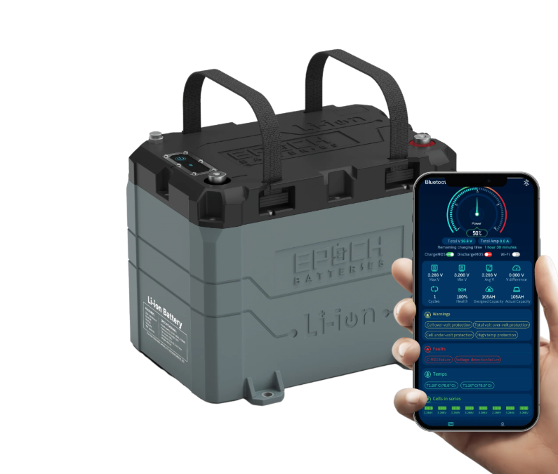 Suncoast Marine and Auto offers Epoch Battery 12V 50Ah LiFePO4 Lithium Battery - Bluetooth, Heating, Waterproof (B1250B)