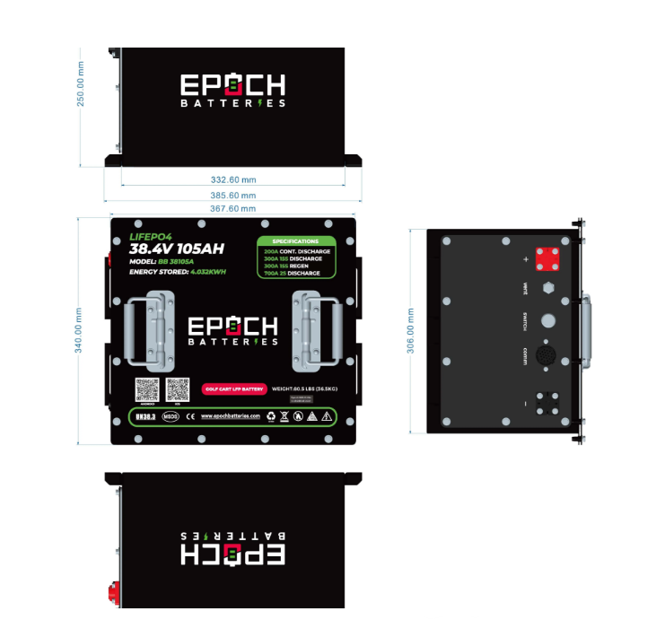 Suncoast Marine and Auto offers Epoch Battery 36V 105Ah Lithium (LiFePO4) Golf Cart Battery - Complete Kit (BB38105A-kit-1)