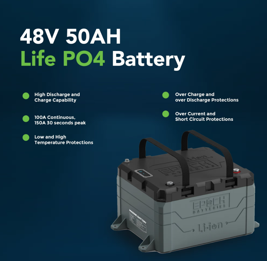 Suncoast Marine and Auto offers Epoch Battery 48V 50Ah LiFePO4 Lithium Battery - Bluetooth, Heating, Waterproof (B4850A)