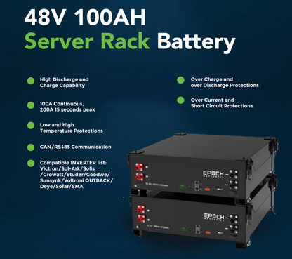 Suncoast Marine and Auto offers Epoch Battery 48V 100Ah 5.12kWh - Self-Heating Server Rack Lithium Battery (SR48100H)