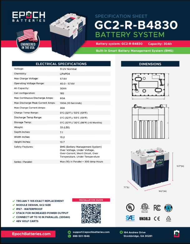 Suncoast Marine and Auto offers Epoch Battery 48V 30Ah GC2 Golf Cart LiFePO4 Lithium Battery (48V-30Ah-GC2 EPOCH)