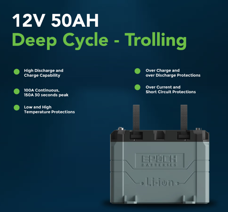 Suncoast Marine and Auto offers Epoch Battery 12V 50Ah LiFePO4 Lithium Battery - Bluetooth, Heating, Waterproof (B1250B)