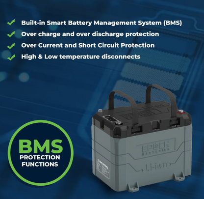 Suncoast Marine and Auto offers Epoch Battery 12V 50Ah LiFePO4 Lithium Battery - Bluetooth, Heating, Waterproof (B1250B)