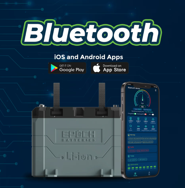 Suncoast Marine and Auto offers Epoch Battery 12V 50Ah LiFePO4 Lithium Battery - Bluetooth, Heating, Waterproof (B1250B)