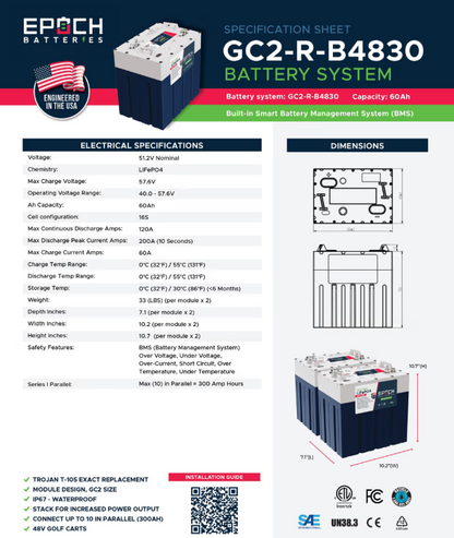 Suncoast Marine and Auto offers Epoch Batteries 48V 60Ah GC2 - Golf Cart LiFePO4 Lithium Battery (48V-60Ah-GC2-Kit)