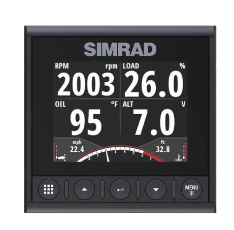 Suncoast Marine and Auto offers Simrad IS42 Smart Instrument Digital Display [000-13285-001] The IS42 displays wind, speed, depth, engine data, and AIS. It has a color screen, waterproof controls, and easy installation with single cable.