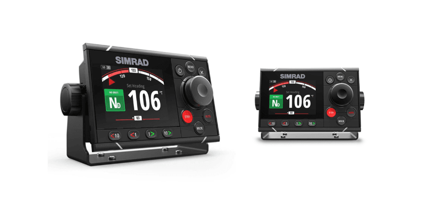Suncoast Marine and Auto offers Simrad AP48 Autopilot Control Head w/Rotary Knob [000-13894-001] The AP48 has a 4.1-inch display, rotary dial, dodge keys, turn patterns, no drift steering, depth tracking, and a low-profile design.