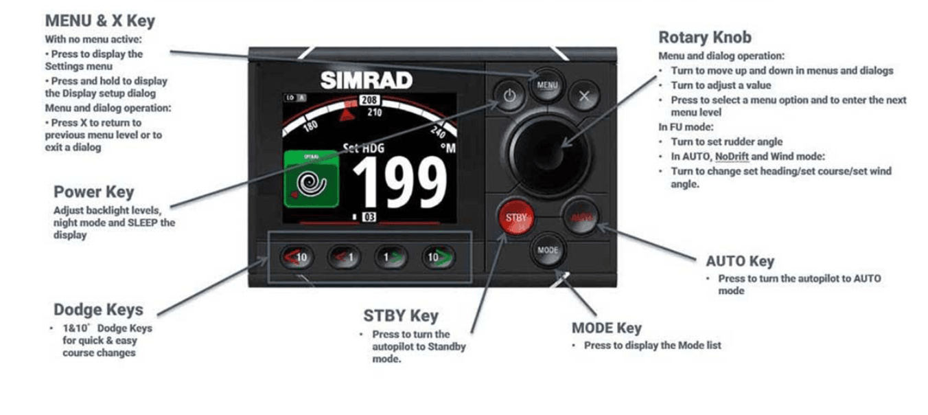 Suncoast Marine and Auto offers Simrad AP48 Autopilot Control Head w/Rotary Knob [000-13894-001] The AP48 has a 4.1-inch display, rotary dial, dodge keys, turn patterns, no drift steering, depth tracking, and a low-profile design.