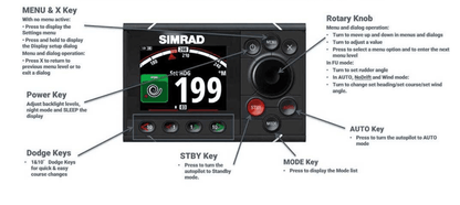 Suncoast Marine and Auto offers Simrad AP48 Autopilot Control Head w/Rotary Knob [000-13894-001] The AP48 has a 4.1-inch display, rotary dial, dodge keys, turn patterns, no drift steering, depth tracking, and a low-profile design.