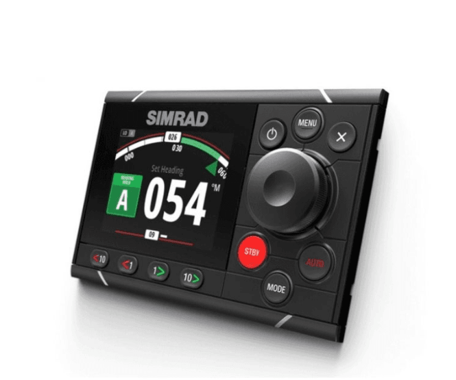 Suncoast Marine and Auto offers Simrad AP48 Autopilot Control Head w/Rotary Knob [000-13894-001] The AP48 has a 4.1-inch display, rotary dial, dodge keys, turn patterns, no drift steering, depth tracking, and a low-profile design.