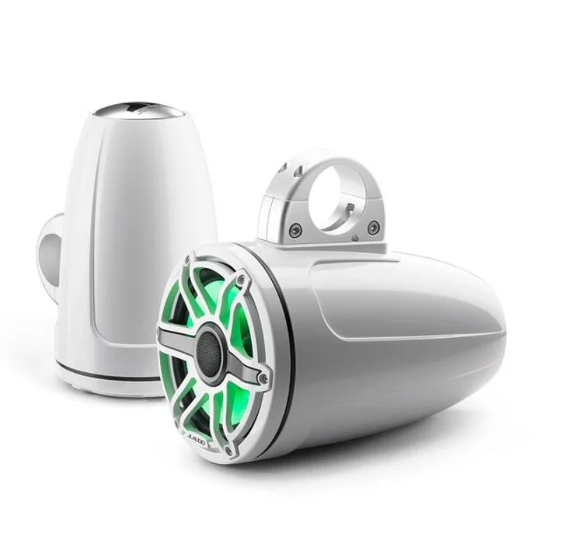 Suncoast Marine and Auto offers JL Audio M6 Series 7.7" Enclosed Tower Coaxial System w/Gloss White Classic Grille Transflective LED Lighting - M6-770ETXv3-Gw-S-GwGw-i [010-03278-00] 7.7" Enclosed Marine Coaxial Speaker System, Gloss White, White Sport Grille with RGB LED Lighting. Model # 19432715