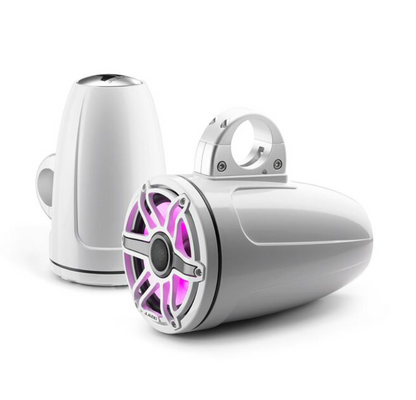Suncoast Marine and Auto offers JL Audio M6 Series 7.7" Enclosed Tower Coaxial System w/Gloss White Classic Grille Transflective LED Lighting - M6-770ETXv3-Gw-S-GwGw-i [010-03278-00] 7.7" Enclosed Marine Coaxial Speaker System, Gloss White, White Sport Grille with RGB LED Lighting. Model # 19432715