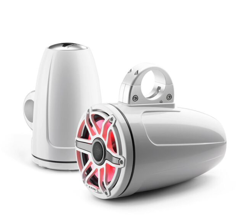 Suncoast Marine and Auto offers JL Audio M6 Series 7.7" Enclosed Tower Coaxial System w/Gloss White Classic Grille Transflective LED Lighting - M6-770ETXv3-Gw-S-GwGw-i [010-03278-00] 7.7" Enclosed Marine Coaxial Speaker System, Gloss White, White Sport Grille with RGB LED Lighting. Model # 19432715