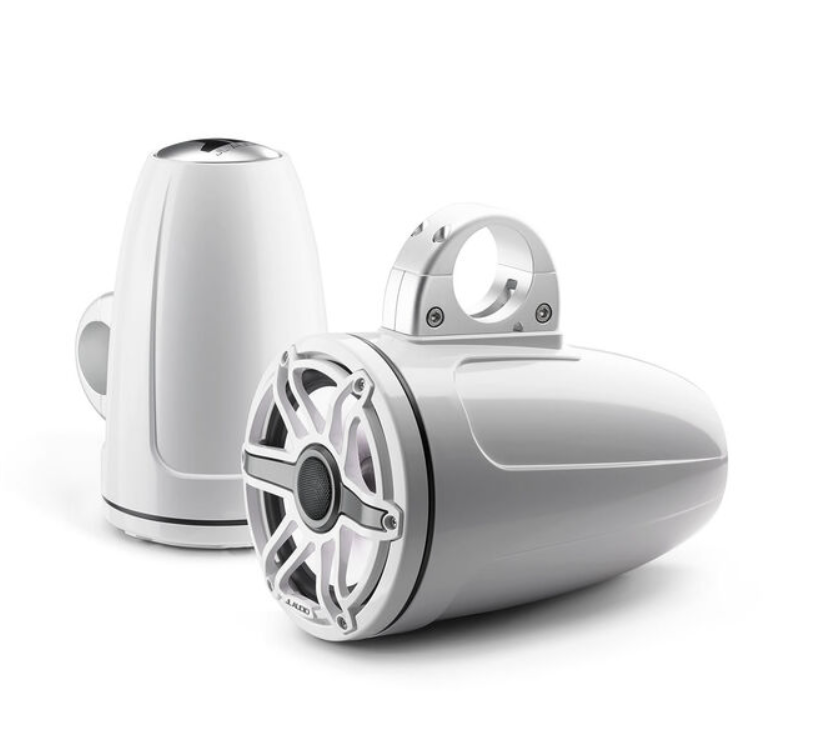 Suncoast Marine and Auto offers JL Audio M6 Series 7.7" Enclosed Tower Coaxial System w/Gloss White Classic Grille Transflective LED Lighting - M6-770ETXv3-Gw-S-GwGw-i [010-03278-00] 7.7" Enclosed Marine Coaxial Speaker System, Gloss White, White Sport Grille with RGB LED Lighting. Model # 19432715