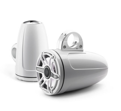 Suncoast Marine and Auto offers JL Audio M6 Series 7.7" Enclosed Tower Coaxial System w/Gloss White Classic Grille Transflective LED Lighting - M6-770ETXv3-Gw-S-GwGw-i [010-03278-00] 7.7" Enclosed Marine Coaxial Speaker System, Gloss White, White Sport Grille with RGB LED Lighting. Model # 19432715