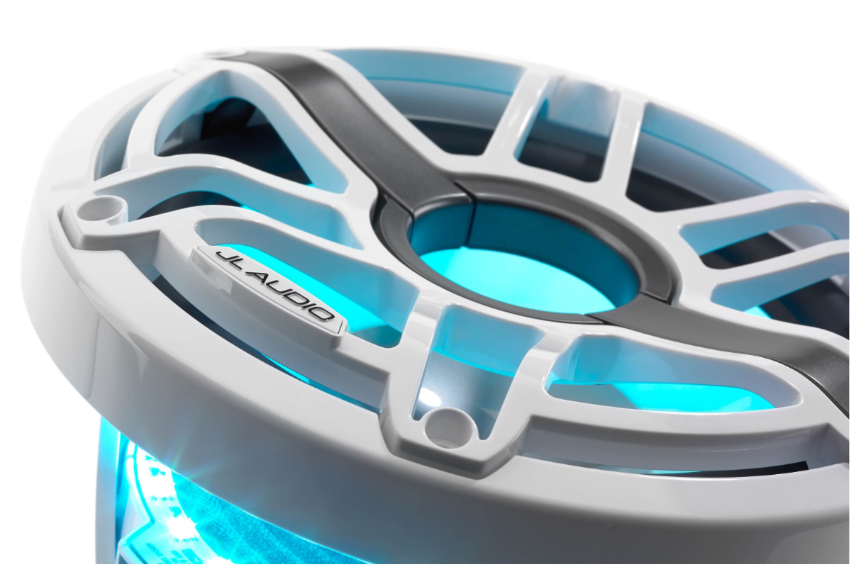 JL Audio M6-8IB-S-GwGw-i-4 M6 Series 8" marine subwoofer with LED light — optimized for free-air applications (Gloss White Sport Grille). MFR # 010-03081-00.