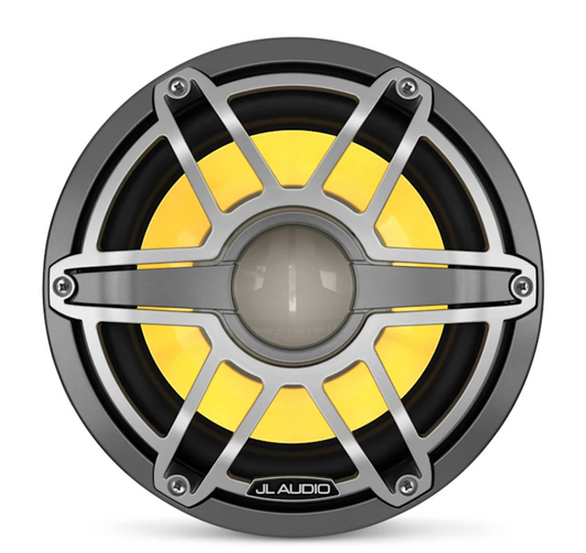 Suncoast Marine and Auto offers JL Audio M6 10" Marine Subwoofer w/Titanium Sport Grille Transflective LED Lighting - M6-10W-S-GmTi-i-4 [010-03491-00] Marine Subwoofer Driver, Gunmetal and Titanium Sport Grille with RGB LED Lighting. 