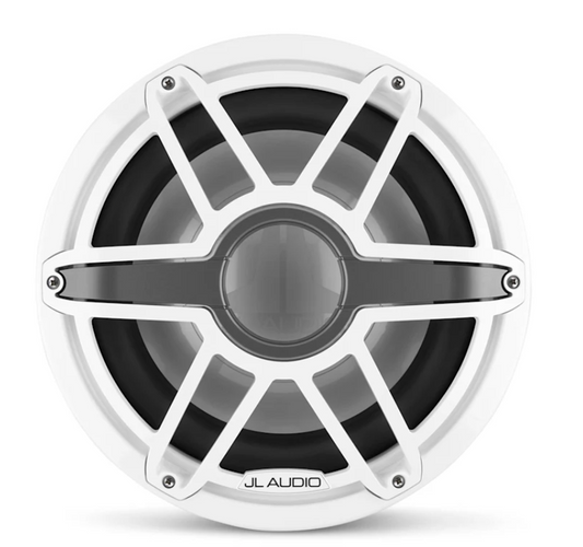 Suncoast Marine and Auto offers JL Audio M7 12" Marine Subwoofer w/Gloss White Sport Grille - M7-12IB-S-GwGw-4 [010-03286-00] With oversized, overbuilt components and very powerful motor systems, M7s are extreme subwoofers optimized for high-power operation in open-air applications.