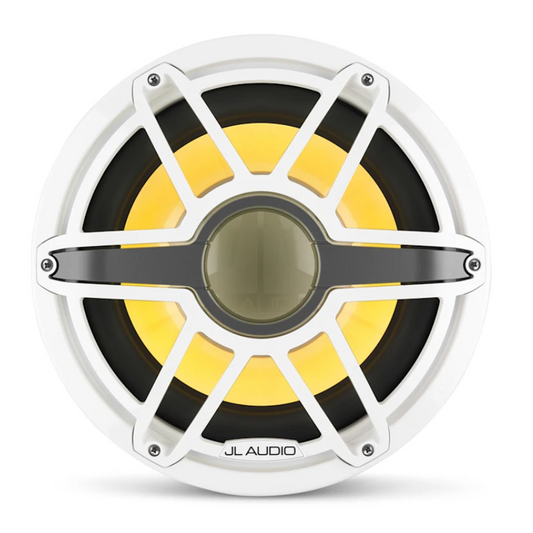 Suncoast Marine and Auto offers JL Audio M7 12" Marine Subwoofer w/Gloss White Sport Grille Transflective LED Lighting - M7-12IB-S-GwGw-i-4 [010-03287-00] The M7 12" marine subwoofer has Transflective LED lighting, 600W, 4Ω, 4-inch voice coil, and is designed for infinite-baffle use with a 12.0625" cutout.